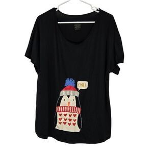 Women's XL Christmas Shirt Penguin CHILL Holiday Tee Glitter Animal Print Beanie